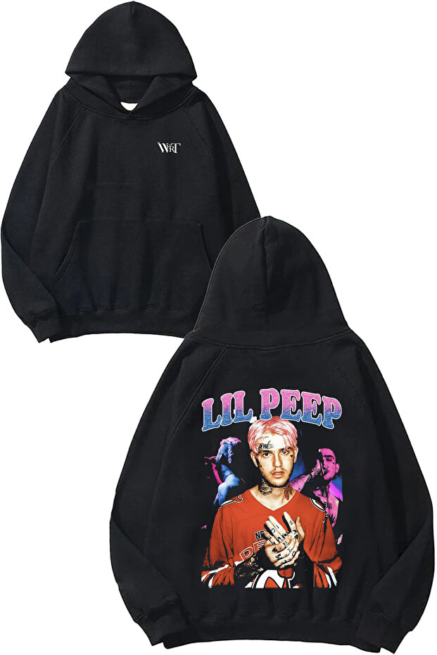 سويت شيرت بتصميم Lil Peep مطبوع أسود بغطاء رأس