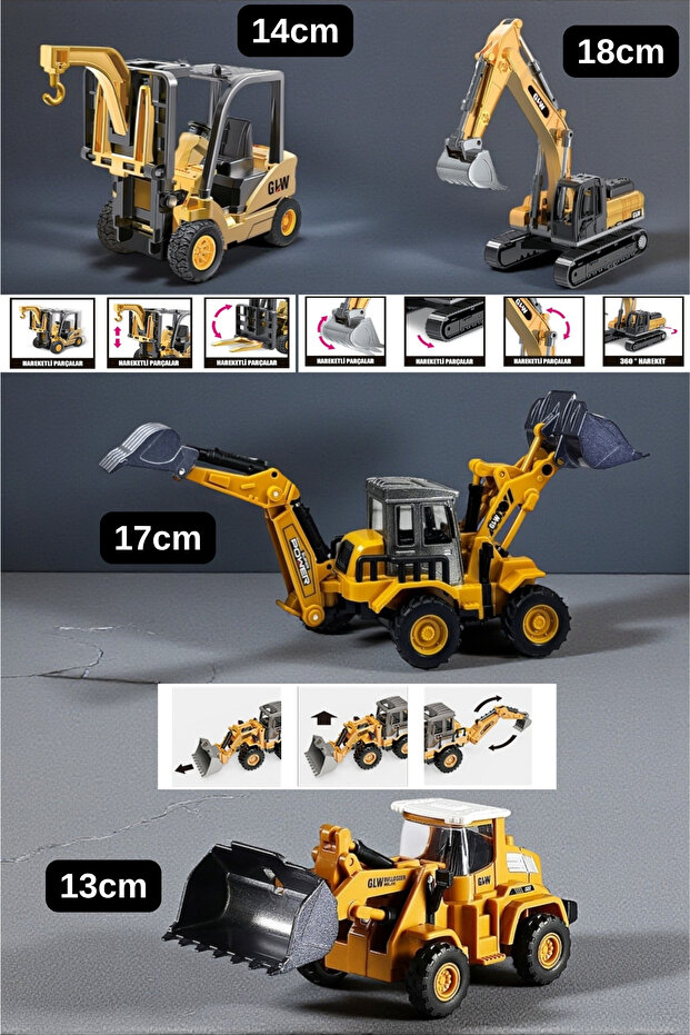 Toy Friction Excavator Bucket Forklift Digger and Loader Construction Work Machine Set
