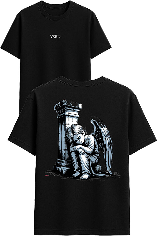 Crying Angel Design Printed Black Oversized t Shirt