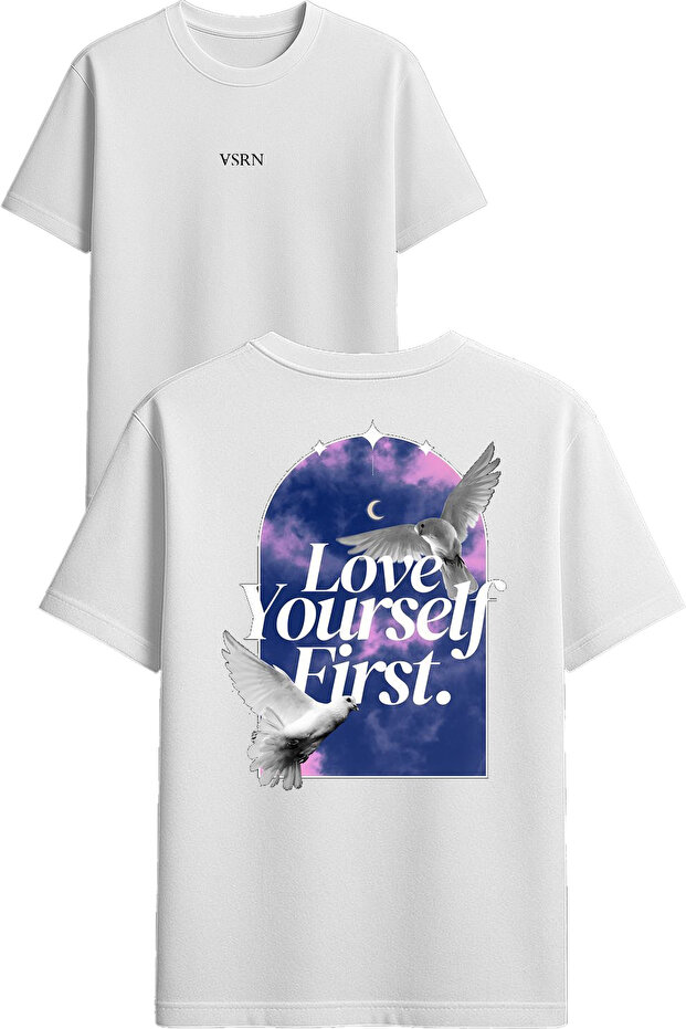 Love Yourself First Design Printed White Oversized t Shirt