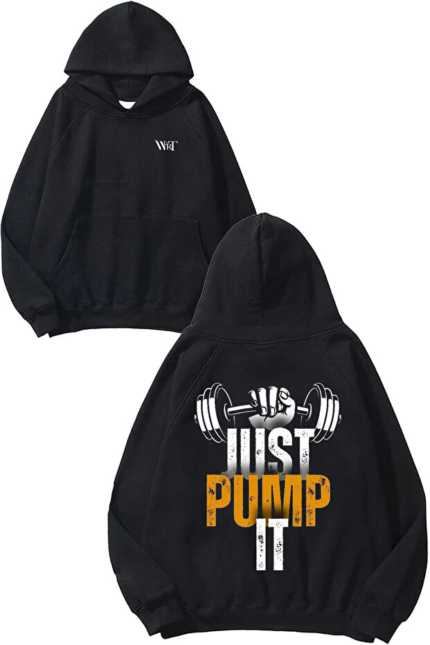 سترة Just Pump It Gym Design رقم مطبوع باللون الأسود بغطاء رأس