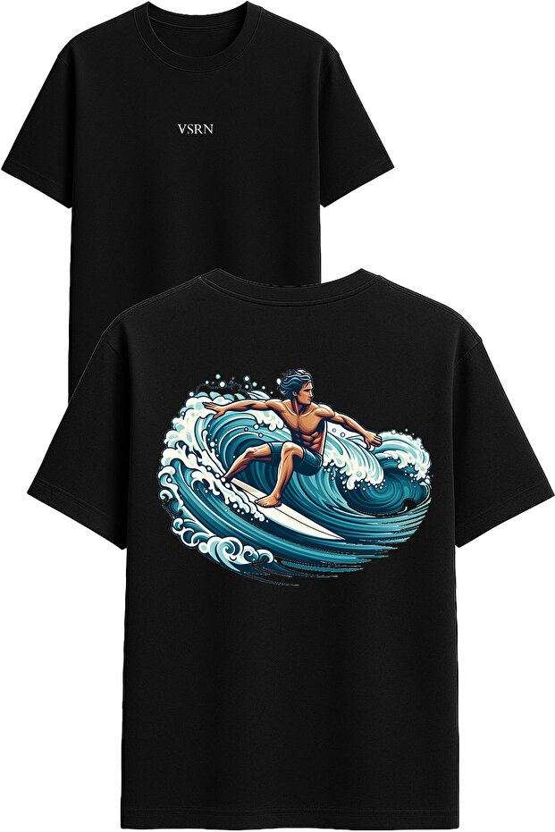 Surfer Man Design Printed Black Oversized t Shirt