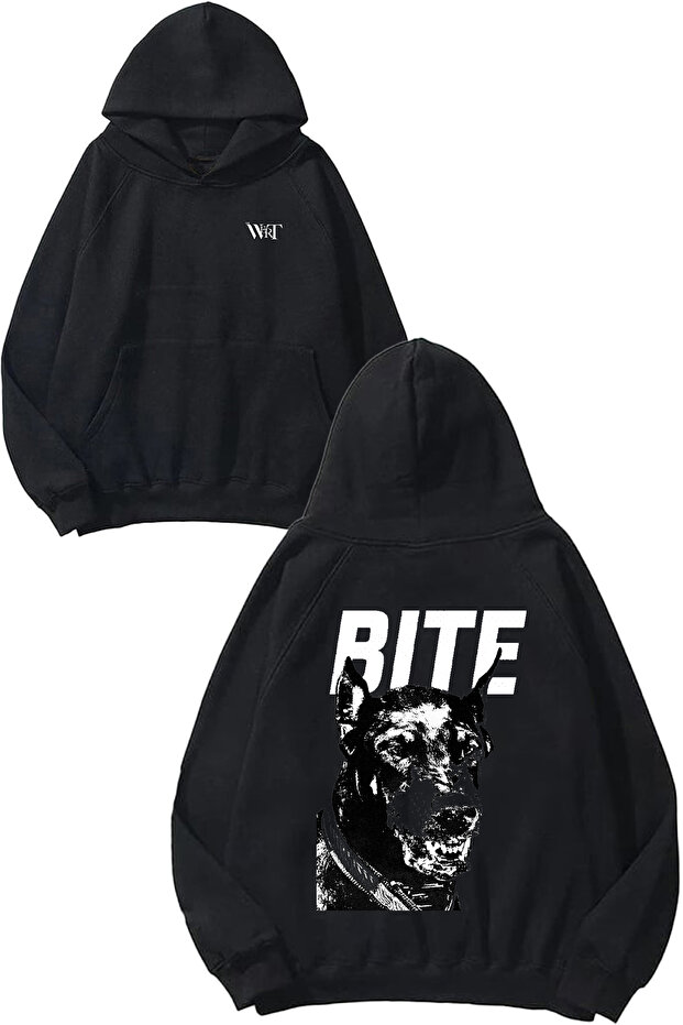 Bite Dog Design Back Printed Black Hooded Sweatshirt