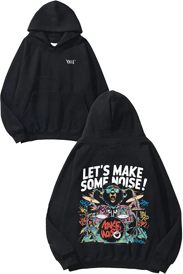سترة Let's Make Some Noise Design Back مطبوع باللون الأسود بغطاء رأس