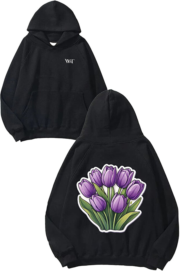 Purple Tulips Design Back Printed Black Hooded Sweatshirt
