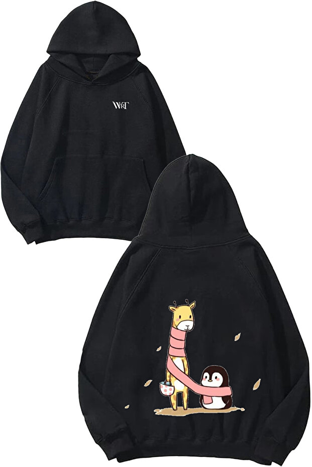 Giraffe and Penguin Design Back Printed Black Hooded Sweatshirt