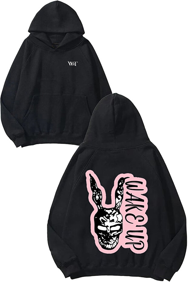 Donnie Darko Wake up Sticker Design Back Printed Black Hooded Sweatshirt