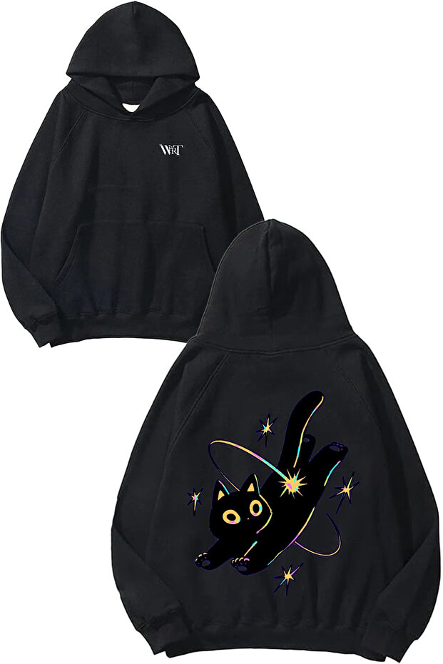 Cat Design Back Printed Black Hooded Sweatshirt