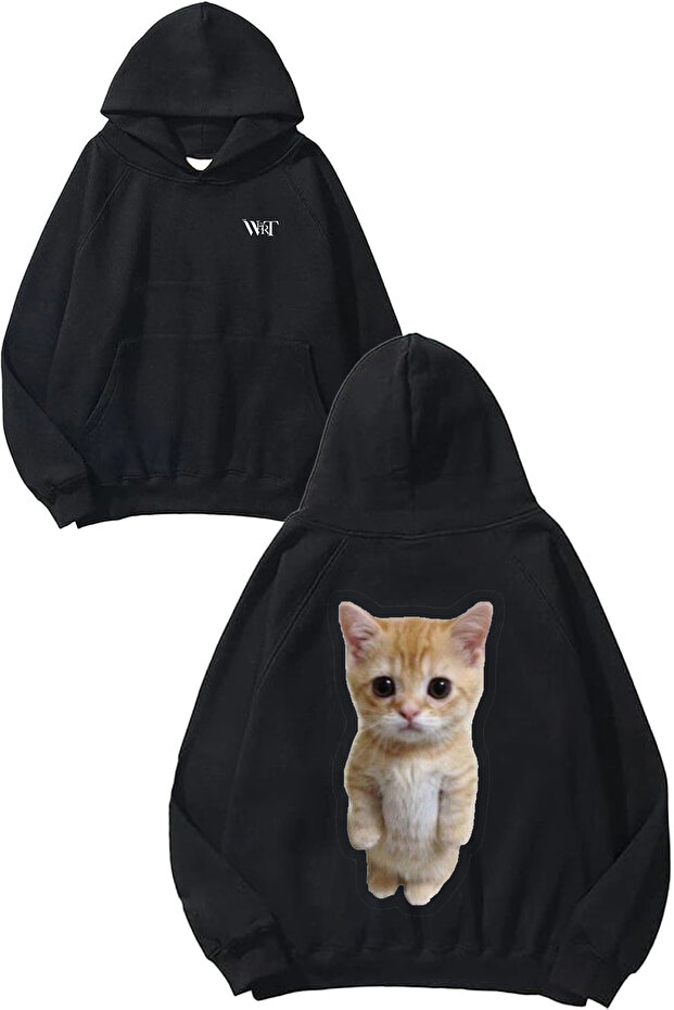 سويت شيرت بتصميم Kitten Meme رقم مطبوع أسود بغطاء رأس