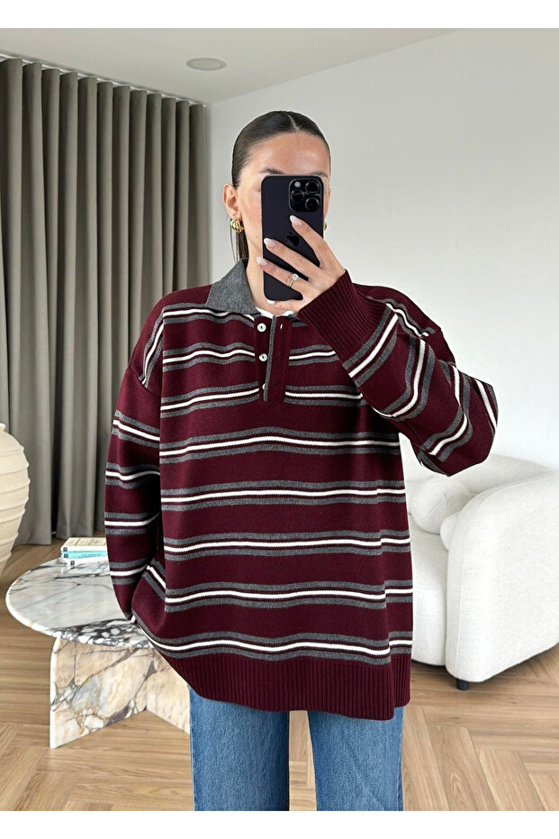 Burgundy - Anthracite Polo Neck Sweater - 241248