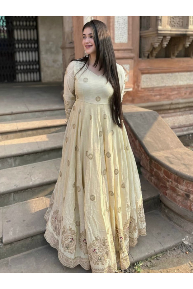 White Chinon Silk Gown Dupatta - HRT4617 | White