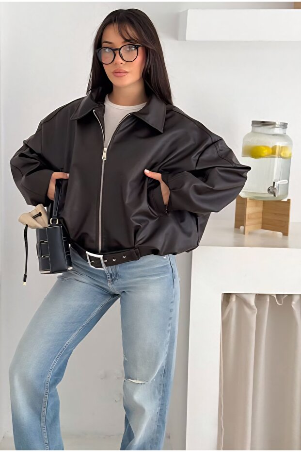 Faux Leather Jacket with Belt Detail and Bat Sleeves