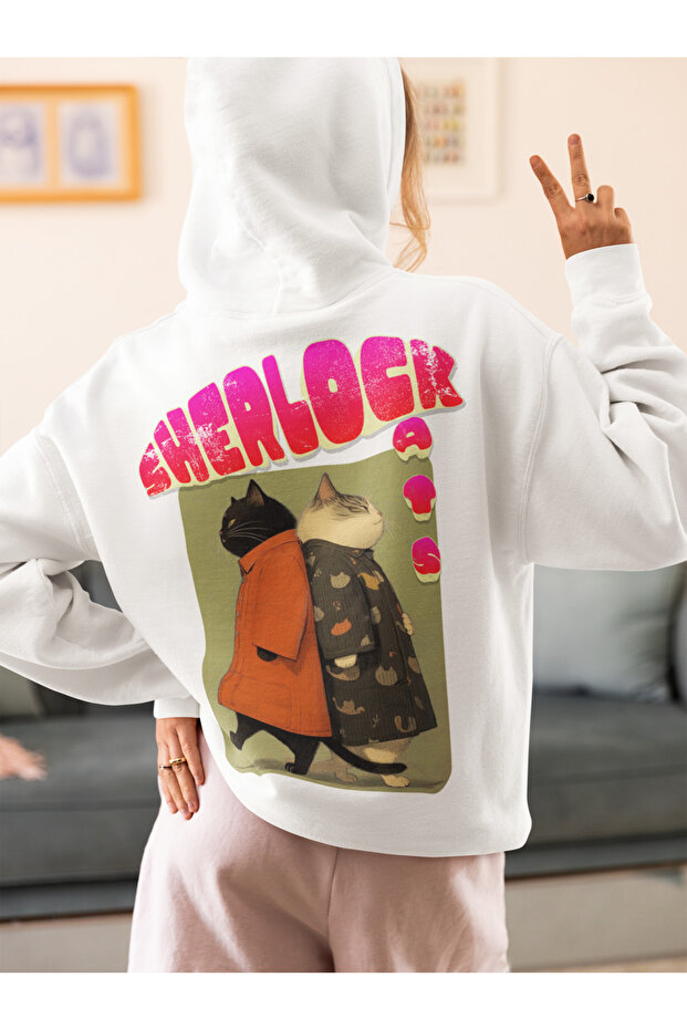 Printed Hoodie with the Inscription, "Sherlock Cats
