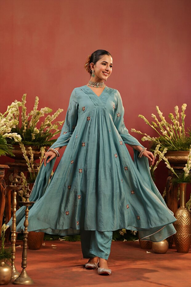 Blue Mul Chanderi Anarkali Kurta Pant Dupatta Set | Festive Indian Traditional Wear