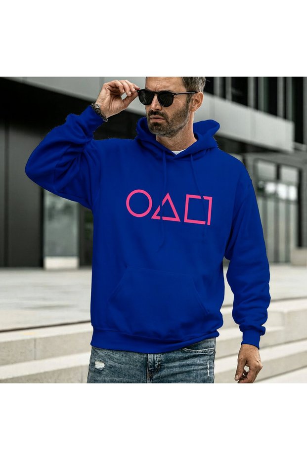 Unisex Hooded Sweatshirt Geometric Symbols Printed Oversized Kangaroo Pocket 3 Thread Raised