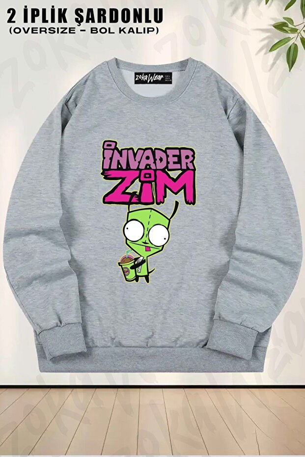 سويت شيرت للجنسين من Invader Zim Gir Snacking مطبوع قصة فضفاضة برقبة دائرية