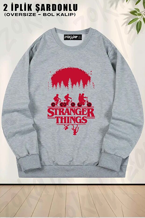Unisex Stranger Things Group Shot Bike Ride Printed Oversized Crew Neck Sweatshirt