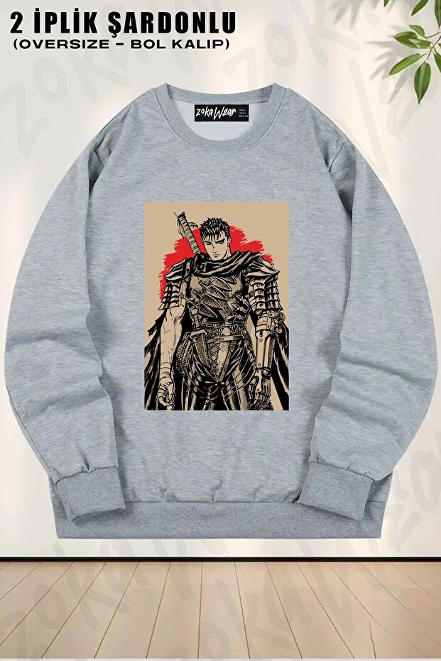 Unisex Berserk Guts (Drawing) Anime Character Printed Oversized Crew Neck Sweatshirt