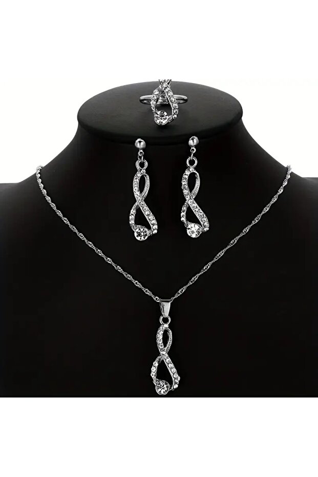 Solitaire Infinity Silver Necklace, Earrings, Ring, Jewelry Set, in Wooden Box