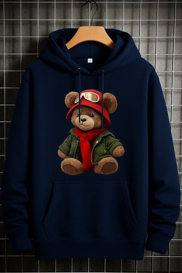 Unisex 3 Thread Ş Fleece-Lined Hooded Hoodie Cute Teddy Bear B Printed Sweatshirt