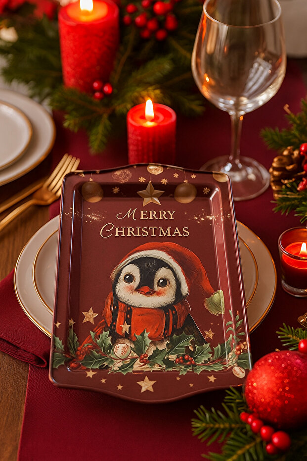 Christmas Metal Presentation Tray – Penguin Red Patterned Christmas Serving Tray (25 X 16 cm)