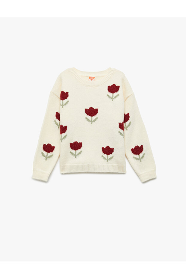 Long Sleeve Crew Neck Floral Pattern Knitwear Sweater