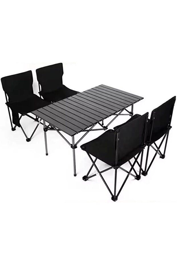 YU WELL Portable Roll-Up Camping Table with 4 Chairs 95x55x50cm - Black