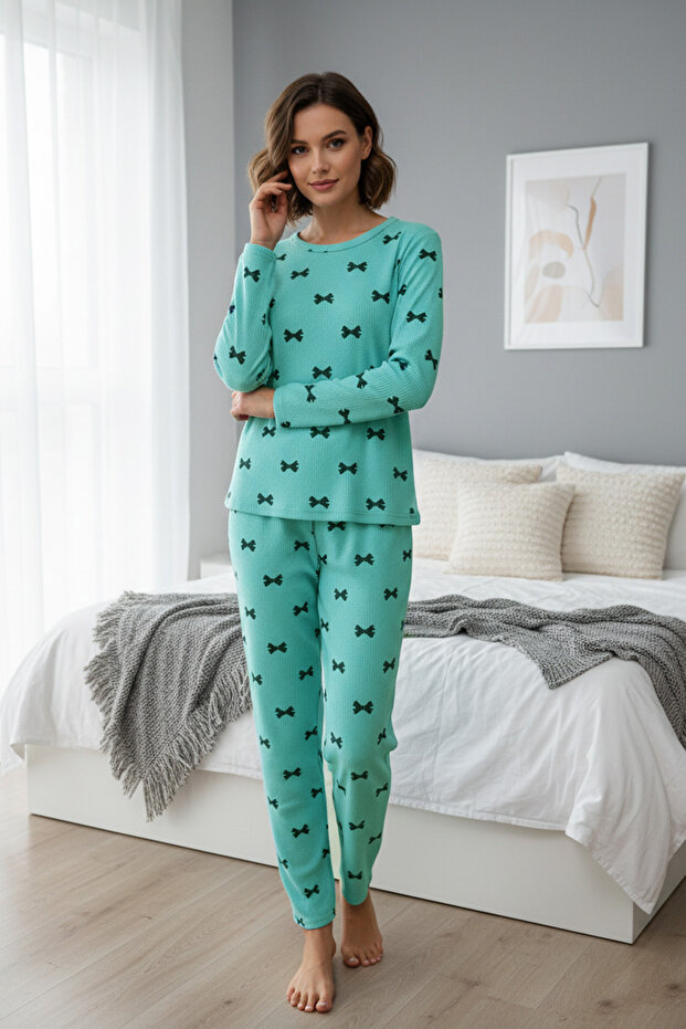 Bow Patterned Crew Neck Pajama Set - 1
