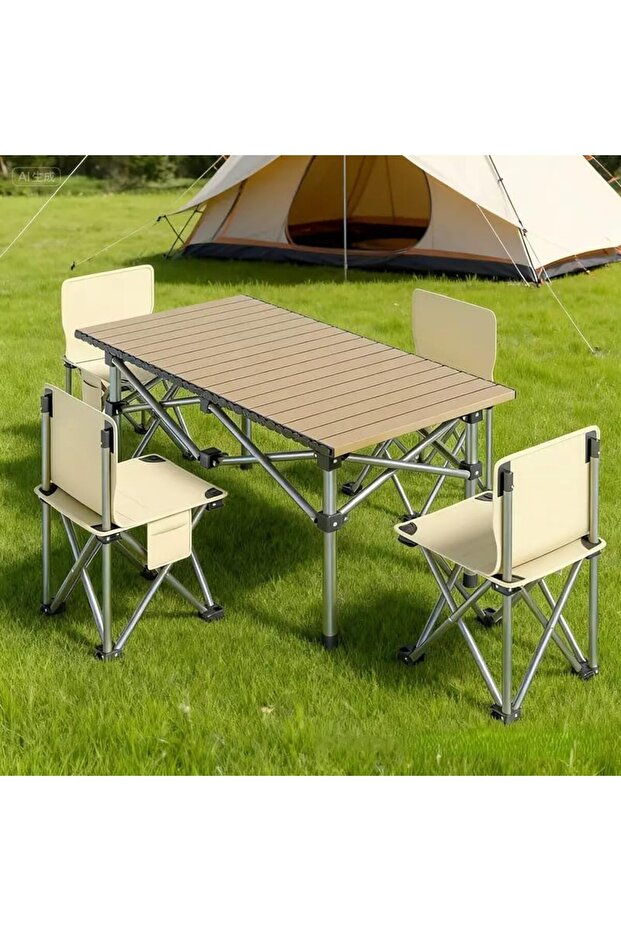 YU WELL Portable Roll-Up Camping Table with 4 Chairs - Aluminum Folding Picnic, 53x50x50cm, Beige