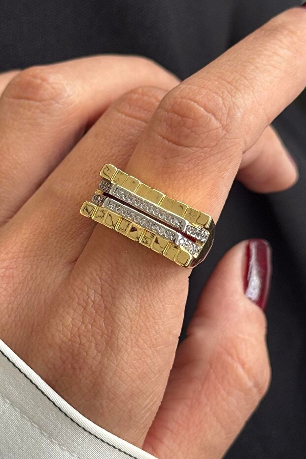 Adjustable Steel Ring with Gold Color Stone Detail