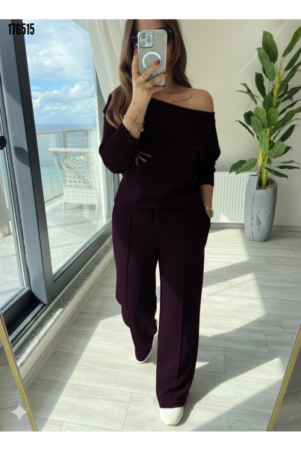 New Season Women's Long Sleeve One Shoulder Open Modal Blouse and Pants Set