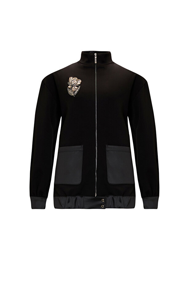 Taş İşlemeli Siyah Örme Regular Ceket - 5