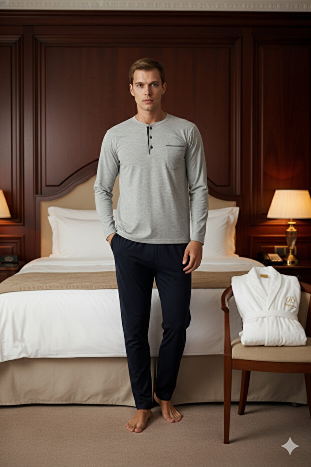 100% Cotton New Season Midi Collar Men's Stylish Design Pajama Set