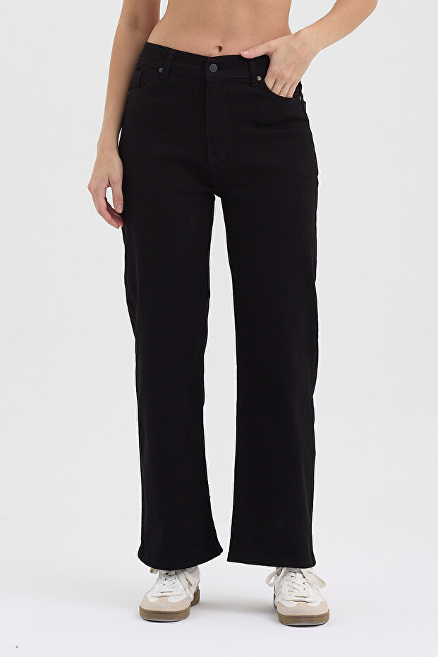 Women's Hakan Jeans Flexible Stretch Fabric Wide Leg Black High Waist Denim Trousers