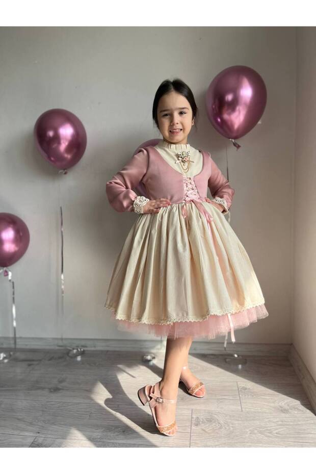 Girls' Premium Deluxe Powder Pink Lace-Up Vest-Detail Special Occasion Cosplay Dress + Hair Clip