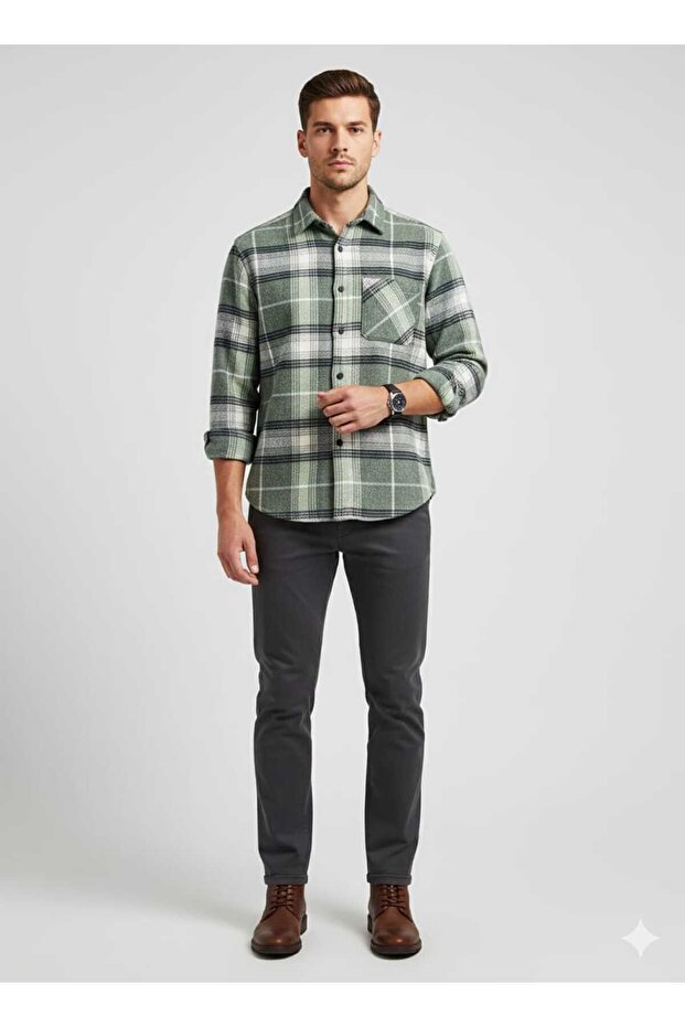 Single Pocket Detailed Plaid Textured Cashmere Cotton Button-Down Collar Winter Lumberjack Shirt