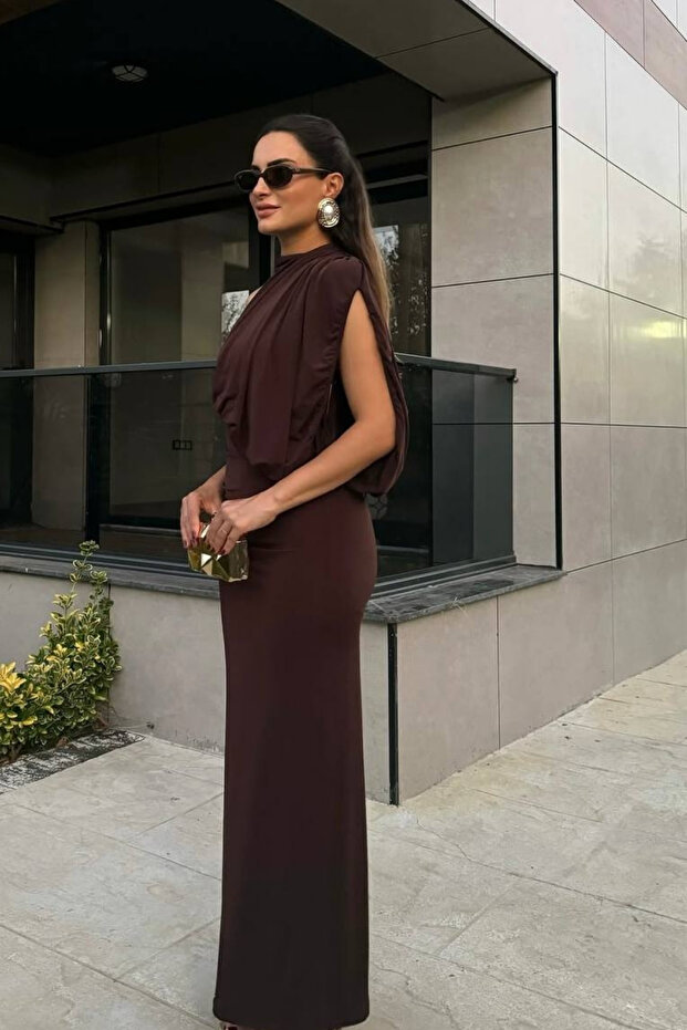 Tek Omuz Drapeli Uzun Elbise - 4