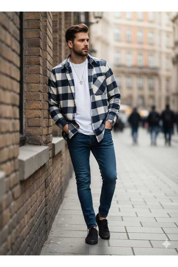 Single Pocket Detailed Plaid Textured Cashmere Cotton Button-Down Collar Winter Lumberjack Shirt