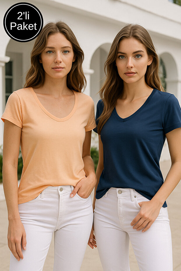 Women's Navy Blue-Orange 2-Pack Short Sleeve 100% Organic Cotton V-Neck T-Shirt