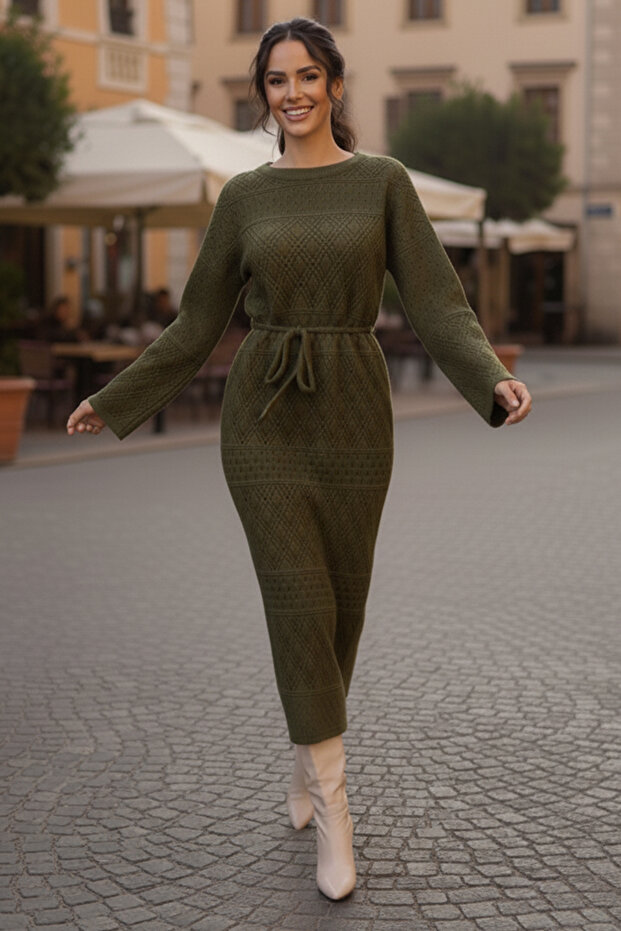 Baklava Patterned Mesh Knitwear Dress R4454 Khaki