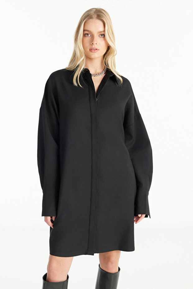 SİYAH YÜNLÜ GÖMLEK ELBİSE - 2