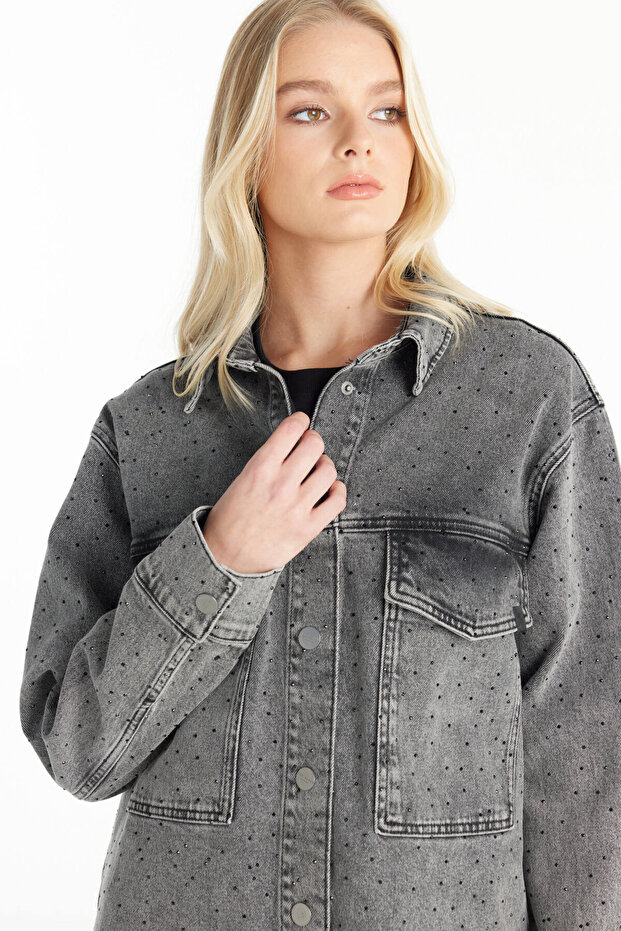 GRİ TAŞLI OVERSİZE JEAN GÖMLEK - 5