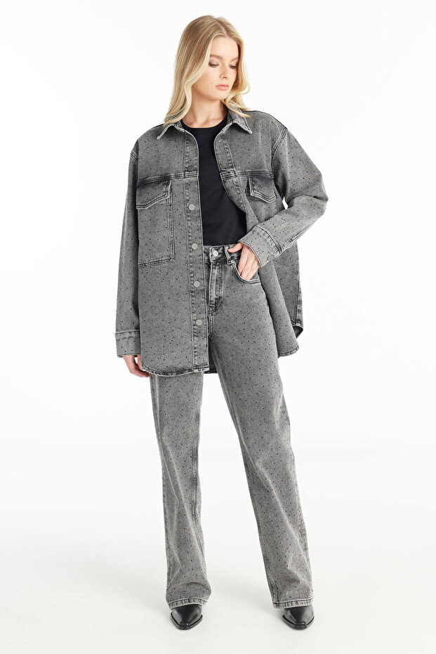 GRİ TAŞLI OVERSİZE JEAN GÖMLEK - 4