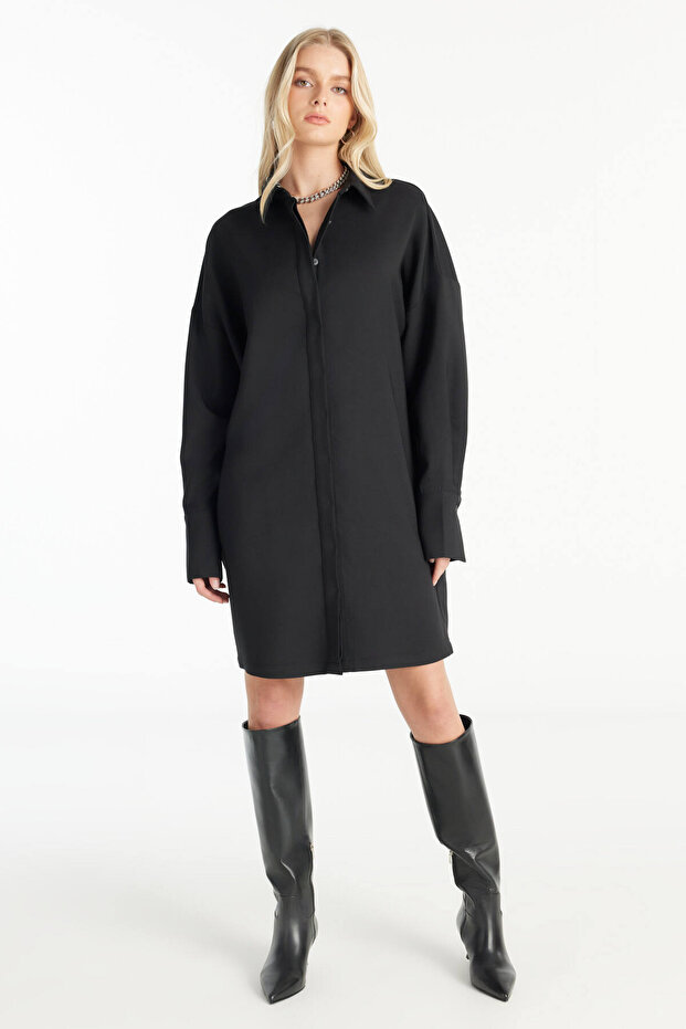 SİYAH YÜNLÜ GÖMLEK ELBİSE - 3