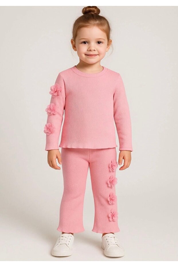 Floral detailed Flared ribbed fabric girl's set