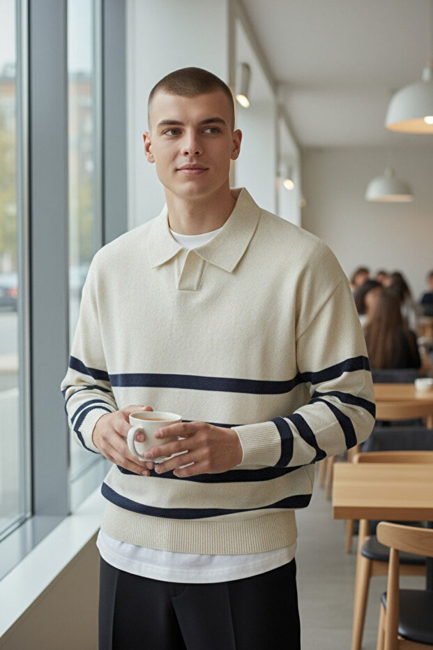 Men's Polo Neck Striped Knitwear Sweater