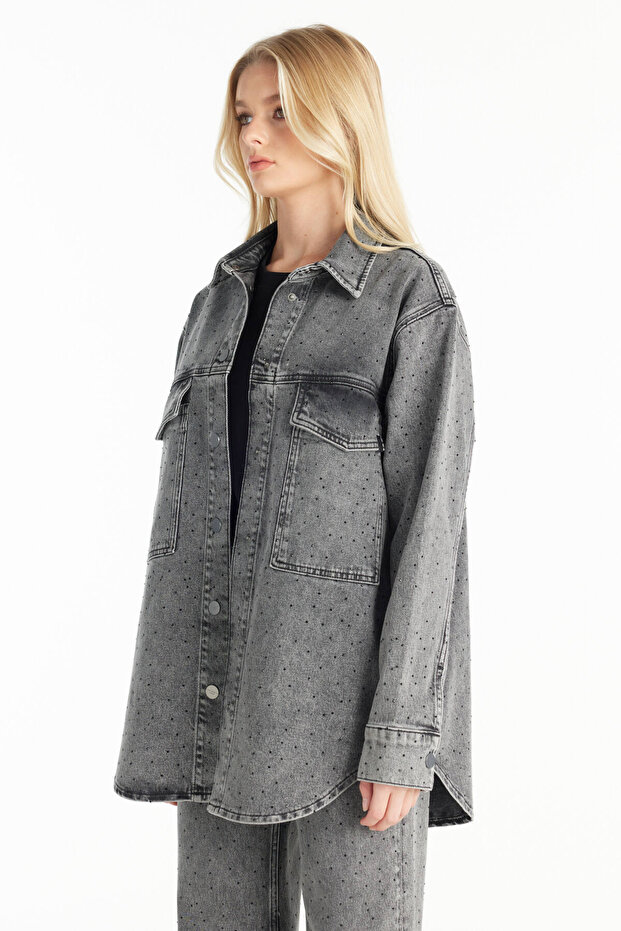 GRİ TAŞLI OVERSİZE JEAN GÖMLEK - 2