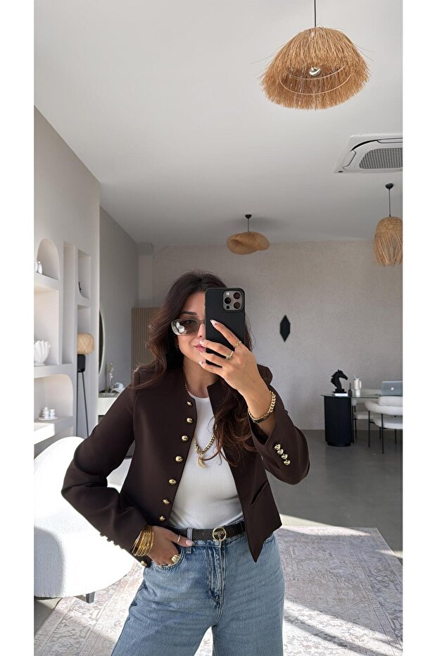 Brown Gold Buttoned Zr Model Premium Jacket