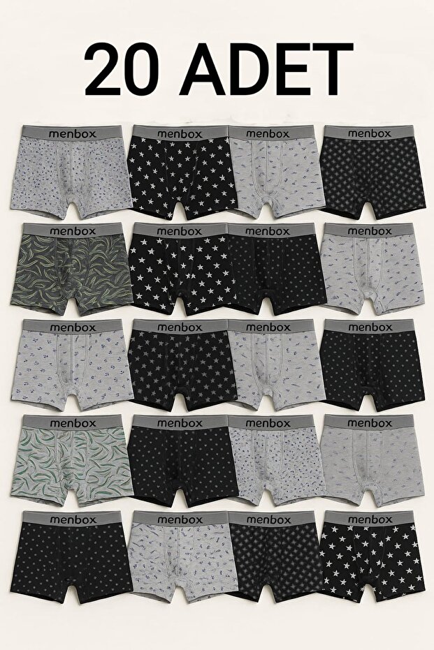 20 Pieces Mixed Patterned Cotton Stretch Fabric Men's Boxer Set | Breathable, Flexible Waistband