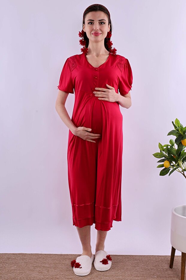 Cotton Maternity Nightgown with Breastfeeding Feature Effortt - Cherry Color
